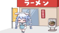  1girl animal_ear_fluff animal_ears blue_hair blue_shoes blush_stickers bow braid chibi closed_eyes cooking_pot dress ears_down flying_sweatdrops hair_bow highres holding hololive mochimiko multicolored_hair puffy_short_sleeves puffy_sleeves rabbit_ears restaurant shoes short_sleeves solo sweat tears translation_request twin_braids twintails two-tone_hair usada_pekora usada_pekora_(casual) virtual_youtuber walking white_background white_bow white_dress white_hair yurie_mouth 