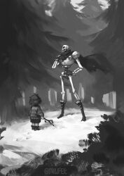  1boy 1other 2025 2d ambiguous_gender ankle_boots armor artist_name boots cape child commentary digital_media double_horizontal_stripe duo english_commentary footprints forest frisk_(undertale) full_body gloves greyscale hand_on_own_chest hand_on_own_hip height_difference holding holding_stick horizontal-striped_clothes human humanoid inktober male mewpet monochrome monster monster_boy outdoors papyrus_(undertale) short_hair shorts skeleton standing stick striped_clothes striped_sweater sweater teeth tree two-tone_sweater undead undertale utdr_(toby_fox) 