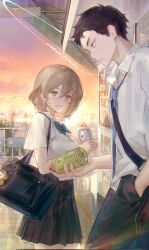  1boy 1girl against_wall averting_eyes bag black_bag black_hair black_pants black_skirt blue_bow blue_bowtie blue_necktie blush bow bowtie brown_eyes brown_hair character_request closed_mouth collared_shirt commission copyright_request cowboy_shot drink embarrassed grin hair_between_eyes hand_in_pocket highres holding holding_drink k_0313_heaseong leaning lens_flare looking_at_another looking_at_object looking_down necktie opening_can outdoors pants pleated_skirt railing shirt shirt_tucked_in shoulder_bag shy skirt smile standing sunset untucked_shirt vending_machine white_shirt wooden_floor 