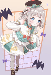  :o aqua_shirt bat_(animal) black_shoes blue_ribbon blush braid colored_skin commentary_request detached_sleeves frilled_sleeves frills gakuen_idolmaster grey_hair grey_pantyhose hair_ribbon half_up_braid halloween_costume highres idolmaster jiangshi_costume katsuragi_lilja looking_at_viewer multicolored_skin ofuda ojiramiiiii pantyhose petticoat ribbon ribbon_braid shirt shoes short_hair sleeves_past_fingers sleeves_past_wrists two-tone_skin 