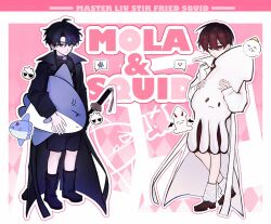  2boys anger_vein animalization biyoo_(omniscient_reader&#039;s_viewpoint) black_eyes black_hair black_shorts boots coat fish full_body heart highres holding holding_stuffed_toy kim_dokja looking_at_viewer male_focus multiple_boys multiple_persona muzililsp ocean_sunfish omniscient_reader&#039;s_viewpoint open_clothes open_coat person_and_animalization popped_collar red_hair scabbard sheath short_hair shorts spoken_anger_vein spoken_emoji spoken_heart squid stuffed_animal stuffed_toy yoo_joonghyuk yoo_joonghyuk_(999th_turn) 