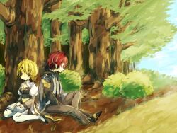  1boy 1girl 91s arch_bishop_(ragnarok_online) black_dress black_eyes black_shirt black_shoes blonde_hair blue_sky book bush cleavage_cutout closed_mouth clothing_cutout commentary_request cross day dress expressionless forest full_body grey_pants holding holding_book juliet_sleeves long_sleeves looking_at_viewer nature outdoors pants puffy_sleeves ragnarok_online red_eyes red_hair sash shirt shoes short_hair sitting sky thigh-highs tree two-tone_dress warlock_(ragnarok_online) white_dress white_thighhighs yellow_sash 