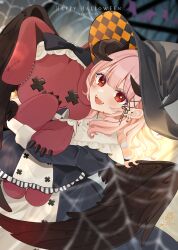  1girl :d black_wings commentary_request dress happy_halloween hat highres horns looking_at_viewer pink_hair red_eyes rino_cnc silk smile solo spider_web stuffed_toy wings witch_hat 