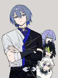  >:( 4boys attsei black_arm_warmers black_hair black_pants black_shirt blue_hair can't_be_this_cute closed_eyes colored_inner_hair commentary_request covering_own_mouth crossed_arms dytica_(nijisanji) frown green_eyes green_hair grey_background grey_eyes heterochromia highres hoshirube_sho inami_rai koyanagi_rou long_hair looking_at_another looking_at_viewer makaino_ririmu male_focus multicolored_hair multiple_boys nijisanji ore_no_imouto_ga_konna_ni_kawaii_wake_ga_nai pants parody purple_hair shirt short_hair simple_background sweatdrop title_parody two-tone_shirt upper_body v-shaped_eyebrows violet_eyes virtual_youtuber white_hair white_shirt 