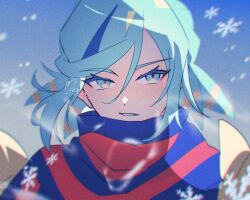  1boy aqua_eyes aqua_hair blue_scarf blurry commentary_request day eyelashes grusha_(pokemon) hair_between_eyes highres jacket male_focus mocacoffee_1001 outdoors pokemon pokemon_sv scarf signature snowflakes solo striped_clothes striped_scarf teeth upper_body yellow_jacket 