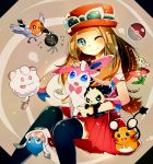  1girl :&gt; asuku_(69-1-31) bare_shoulders blue_eyes brown_hair dedenne flabebe fletchling flower hat inkay pancham poke_ball pokemon pokemon_(creature) pokemon_(game) pokemon_xy scatterbug serena_(pokemon) skirt sunglasses sunglasses_on_head swirlix sylveon thigh-highs wink 