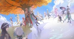  4boys 6+girls absurdres aglaea_(honkai:_star_rail) anaxa_(honkai:_star_rail) animal_ears black_dress black_hair black_leotard blonde_hair blue_hair blue_sky breasts castorice_(honkai:_star_rail) cat_ears cat_girl cat_tail cerydra_(honkai:_star_rail) chrysos_heirs_(honkai:_star_rail) cipher_(honkai:_star_rail) coat crown cyrene_(honkai:_star_rail) cyrene_(ripples_of_past_reverie)_(honkai:_star_rail) dan_heng_(honkai:_star_rail) dan_heng_(permansor_terrae)_(honkai:_star_rail) dragon_boy dragon_horns dragon_tail dress evernight_goddess green_hair highres holding holding_umbrella honkai:_star_rail honkai_(series) horns hyacine_(honkai:_star_rail) hysilens_(honkai:_star_rail) kiraandfriends large_breasts leotard long_hair multiple_boys multiple_girls pink_hair polyxia_(honkai:_star_rail) red_hair short_hair siblings sisters sky stelle_(honkai:_star_rail) tail topless_other trailblazer_(honkai:_star_rail) tree tribios_(honkai:_star_rail) umbrella very_long_hair wheelchair white_coat white_hair 