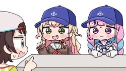  3girls :d anchor_symbol backwards_hat baseball_cap blonde_hair blue_bow blue_eyes blue_hair blue_hat blue_sailor_collar blush_stickers bow braid brown_shirt chibi closed_mouth commentary_request fang green_eyes grey_hat hand_up hat hololive long_hair long_sleeves low_twintails minato_aqua minato_aqua_(sailor) mochimiko momosuzu_nene momosuzu_nene_(casual) multicolored_hair multiple_girls oozora_subaru oozora_subaru_(1st_costume) pink_hair pointing puffy_long_sleeves puffy_sleeves sailor_collar school_uniform serafuku shirt simple_background sleeves_past_wrists small_sweatdrop smile striped_clothes striped_shirt sweat twin_braids twintails two-tone_hair upper_body vertical-striped_clothes vertical-striped_shirt very_long_hair violet_eyes virtual_youtuber wavy_mouth white_background white_sailor_collar white_shirt 