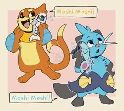  black_eyes black_fur blue_fur buizel colored_sclera dewott finneon fish highres holding multicolored_fur no_humans open_mouth orange_fur otter pokemon pokemon_(creature) pokemon_focus seashell shell shyblacksheep smile species_connection standing tail whiskers wishiwashi wishiwashi_(solo) yellow_fur 