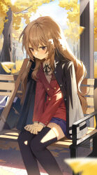  1girl absurdres aisaka_taiga autumn_leaves bag between_legs black_jacket black_ribbon black_thighhighs blue_skirt blurry blurry_foreground brown_hair buttons closed_mouth collared_shirt commentary_request dappled_sunlight emduck ginkgo_leaf ginkgo_tree hand_between_legs highres jacket jacket_on_shoulders leaf long_hair long_sleeves looking_ahead motion_blur neck_ribbon on_bench outdoors pleated_skirt red_jacket ribbon runny_nose school_bag school_uniform shirt sitting skirt snot solo sunlight thigh-highs toradora! v-shaped_eyebrows white_shirt zettai_ryouiki 