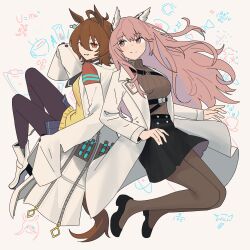  2girls absurdres agnes_tachyon_(tach-nology)_(umamusume) agnes_tachyon_(umamusume) ahoge animal_ears black_shoes black_skirt boots breasts brown_hair brown_pantyhose brown_sweater cat_ears chemical_structure crossover english_commentary full_body girls&#039;_frontline_neural_cloud girls_frontline hair_between_eyes high_heel_boots high_heels highres horse_ears horse_girl horse_tail id_card lab_coat large_breasts long_hair long_sleeves looking_at_viewer looking_to_the_side medium_hair multiple_girls myticalcat pantyhose persicaria_(neural_cloud) pink_eyes pink_hair red_eyes shirt shoes skirt sleeves_past_fingers sleeves_past_wrists smile sweater tail test_tube umamusume white_boots yellow_sweater 