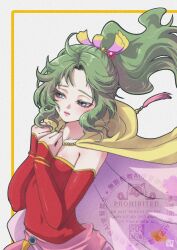  1girl artist_name blue_eyes breasts cape detached_sleeves dress final_fantasy final_fantasy_vi green_hair hair_bobbles hair_ornament hair_ribbon half-closed_eyes hands_on_own_chest highres long_hair medium_breasts parted_bangs pink_cape ponytail red_dress red_sleeves ribbon sash shikiwo strapless strapless_dress tassel terra_branford tube_dress two-sided_cape two-sided_fabric upper_body waist_sash white_background yellow_cape 