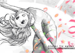  1girl :d arched_back archived_source artist_name blurry blurry_foreground breasts commentary_request confetti crowd depth_of_field egloos flexible fur_collar greyscale happy ice_skating korean_commentary leotard long_hair long_sleeves lowres monochrome original outstretched_arms skating sketch small_breasts smile solo spot_color spread_arms straight_hair tiv web_address 