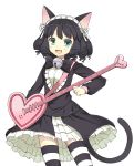  1girl :d animal_ears bell black_hair cat_ears cat_tail curly_hair cyan_(show_by_rock!!) guitar heart_guitar ikura_hato instrument jingle_bell open_mouth ruffled_skirt show_by_rock!! smile striped striped_legwear tail thighhighs 