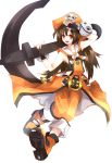  1girl belt belt_buckle boots brown_hair fingerless_gloves flat_chest gloves guilty_gear hat highres huge_weapon long_hair may_(guilty_gear) midriff orange_eyes over_shoulder pants_rolled_up pirate_hat salute skull skull_and_crossbones solo weapon weapon_over_shoulder 