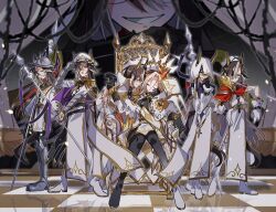  6+girls ahozur_dayo alternate_costume animal_ears armored_boots asymmetrical_legwear black_hair boots closed_eyes crown dream_journey_(reminder_of_dreamland)_(umamusume) dream_journey_(umamusume) dress ears_through_headwear evil_eyes evil_smile full_body glasses gloves hand_on_another&#039;s_face hand_on_own_hip hat highres holding holding_polearm holding_weapon hood hood_up horse_ears horse_girl horse_tail horseshoe_hat_ornament horseshoe_ornament interlocked_fingers long_hair long_sleeves looking_at_viewer mismatched_legwear multicolored_hair multiple_girls official_alternate_costume orange_hair orfevre_(umamusume) peaked_cap pillbox_hat polearm sitting sitting_on_throne smile striped_hat tail throne umamusume violet_eyes weapon white_dress white_gloves white_hair white_hat 