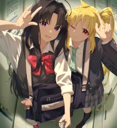  2girls absurdres ahoge awa_subaru bag black_coat black_hair black_socks blazer blonde_hair bocchi_the_rock! bow bowtie brown_sweater_vest coat cosplay costume_switch crossover detached_ahoge diagonal-striped_clothes diagonal-striped_necktie girls_band_cry hair_intakes hand_up highres holding holding_stick ijichi_nijika indoors instrument_connection jacket jl_tan kneehighs long_hair looking_at_viewer multiple_girls necktie one_eye_closed open_clothes open_coat open_mouth plaid_clothes plaid_skirt pleated_skirt polka_dot polka_dot_bow polka_dot_bowtie red_bow red_bowtie red_eyes red_shoes school_bag school_uniform selfie selfie_stick shimokitazawa_high_school_uniform shirt shoes side_ponytail skirt smile sneakers socks stick striped_clothes sweater_vest teeth trait_connection upper_teeth_only violet_eyes white_shirt 
