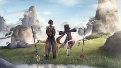  1boy 1girl arms_behind_back black_gloves black_hat black_shoes blue_sky boo_tao_(genshin_impact) bridge brown_hair chinese_clothes clouds coattails commentary day english_commentary formal_clothes from_behind full_body genshin_impact ghost gloves grass hat hat_tassel highres hu_tao_(genshin_impact) jacket jewelry kyl490 long_hair long_sleeves mountain mountainous_horizon outdoors outstretched_arms own_hands_together ponytail porkpie_hat rock scenery shoes shorts sky socks staff_of_homa_(genshin_impact) standing standing_on_one_leg suit tailcoat tassel tree twintails vortex_vanquisher_(genshin_impact) weapon_on_floor white_socks wooden_bridge zhongli_(genshin_impact) 