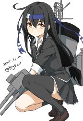  1girl absurdres adapted_turret asymmetrical_legwear bigkwl black_hair black_skirt blue_headband blush brown_eyes cannon dated hair_between_eyes hatsushimo_(kancolle) hatsushimo_kai_ni_(kancolle) headband highres holding holding_turret jacket kantai_collection kneehighs long_hair long_sleeves looking_at_viewer low-tied_long_hair machinery pleated_skirt red_eyes school_uniform ship_turret shirt single_kneehigh single_sock single_thighhigh skirt smile smokestack socks solo squatting thigh-highs torpedo_launcher twitter_username uneven_legwear unworn_headband white_background 