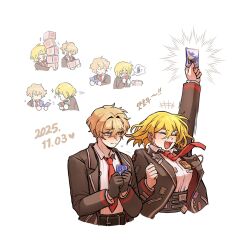  1boy 1girl black_gloves black_suit blonde_hair blush card closed_eyes closed_mouth collared_shirt couple cowboy_shot dated don_quixote_(project_moon) gloves hand_up heart hetero highres jacket limbus_company necktie noxnosk open_mouth playing_card project_moon red_necktie shirt short_hair simple_background sinclair_(project_moon) smile sparkle suit upper_body white_background white_shirt 