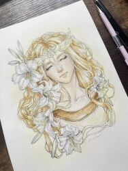  1boy art_tools_in_frame circlet closed_eyes closed_mouth collarbone elden_ring elden_ring:_shadow_of_the_erdtree eyelashes flower hashtag-only_commentary highres liuyuart long_hair male_focus miquella_(elden_ring) photo_(medium) signature solo traditional_media trap wavy_hair white_flower 