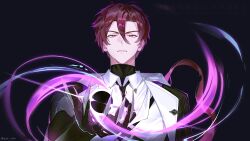  1boy black_background black_coat black_hole bodysuit chaos_zero_nightmare claw_(weapon) coat highres kayron_(chaos_zero_nightmare) long_hair looking_at_viewer male_focus necktie open_clothes open_coat pink_eyes pink_hair shirt solo_focus upper_body weapon white_shirt yjh_ism 