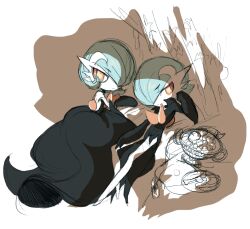  1boy 1girl alternate_color alternate_design alternate_hairstyle alternate_universe arm_rest black_arm_warmers black_coat black_dress blue_hair bob_cut coat coattails colored_skin dress english_commentary gardevoir head_rest lampette leaning_back leaning_on_person looking_to_the_side mega_gardevoir outdoors partially_colored pokemon pokemon_(creature) pokemon_focus popped_collar red_eyes sexual_dimorphism shiny_pokemon tailcoat turning_head tuxedo unfinished white_background white_skin 