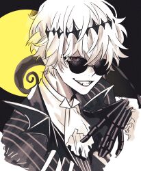  1boy absurdres ascot black_crown crown dark_background diamond_hairband gloves highres long_sleeves looking_at_viewer male_focus missing_tooth nana_chanami pinstripe_pattern pinstripe_suit pinstripe_vest round_eyewear short_hair skully_j._graves smile striped_clothes striped_vest suit sunglasses the_nightmare_before_christmas twisted_wonderland vertical-striped_clothes vertical-striped_vest vest white_hair 