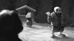  1boy 1other 2025 2d ambiguous_gender artist_name blurry blurry_foreground child commentary digital_media drawstring english_commentary frisk_(undertale) full_body greyscale hood hood_down hooded_jacket human humanoid in-universe_location inktober jacket lamp male male_focus mewpet monochrome monster monster_boy open_clothes open_jacket outdoors pointing pointing_backward pointing_with_thumb sans_(undertale) short_hair shorts skeleton slippers solo_focus standing striped_shorts sweater teeth undead undertale utdr_(toby_fox) vertical-striped_clothes vertical-striped_shorts zipper 