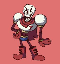  1boy 2023 2d armor blue_shorts boots cape digital_media gloves hand_on_own_hip highres humanoid imoops155 male male_focus male_only monster monster_boy oekaki papyrus_(undertale) red_background red_boots red_cape red_gloves shorts simple_background skeleton solo teeth undead undertale utdr_(toby_fox) white_armor 