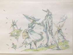  1boy 1girl ascot blonde_hair blue_bow boots bow braid buttons center_frills closed_mouth clouds commentary faceless faceless_male falling_leaves floating_island frilled_shirt frilled_skirt frills grass hair_bow hand_on_own_hip hat highres holding holding_suitcase jacket lace-up_boots lapels layered_sleeves leaf long_hair long_sleeves notched_lapels original outdoors pants peter_salt shirt shoes short_over_long_sleeves short_sleeves single_braid skirt suit suit_jacket suitcase sun_hat traditional_media white_ascot white_boots white_hat white_pants white_shirt white_shoes white_skirt white_suit windmill 