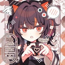  1girl :o ahoge animal_ear_headphones animal_ears black_hair black_nails black_shirt blush brown_background cat_ear_headphones cat_ears commentary commission fake_animal_ears fang four-finger_heart_hands grid_background hair_intakes hands_up headphones heart heart_hands heart_in_heart_hands highres long_hair long_sleeves mahou_shoujo_no_majo_saiban multicolored_hair multicolored_nails nail_polish notice_lines open_mouth orange_eyes orange_hair orange_nails portrait sawatari_coco shirocha_tei shirt skeb_commission skin_fang solo spoken_blush streaked_hair sweatdrop twitter_username two-tone_hair watermark 