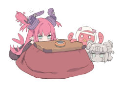  2girls baseball_bat black_shirt blade_(galaxist) blue_eyes character_request commentary_request curled_horns dragon_girl dragon_horns dragon_tail elizabeth_bathory_(fate) elizabeth_bathory_(perfect)_(fate) elizabeth_bathory_(perfect)_(first_ascension)_(fate) fate/grand_order fate_(series) helmet horns long_hair mecha_eli-chan_mk.ii_(fate) multiple_girls octopus pink_hair pointy_ears shirt simple_background single_tear space_helmet spiked_bat tail two_side_up white_background 