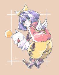  1girl 1other :3 arms_behind_back artist_name bodysuit boots bow brown_background creature eiko_carol final_fantasy final_fantasy_ix full_body green_eyes grey_boots hair_bow horns light_blush looking_at_viewer michibata_65 mini_wings moogle overalls pink_bodysuit purple_hair red_sweater short_hair single_horn sweater wings yellow_bow yellow_overalls 