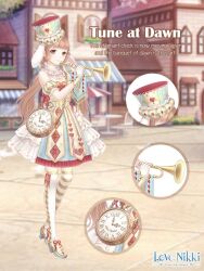  1girl animal_ears artist_request bag bare_shoulders blue_boots blue_hat blunt_bangs boots brown_eyes brown_hair building buttons chair character_name close-up closed_mouth club_(shape) copyright_logo day detached_sleeves diamond_print dot_nose dress english_text eyelashes fake_animal_ears footwear_ribbon frilled_footwear frilled_headwear frilled_skirt frilled_sleeves frills full_body gloves happy hat heart heart_print high_heel_boots high_heels holding holding_instrument holding_trumpet instrument light_blush logo lolita_fashion long_hair looking_at_viewer lop_rabbit_ears low_twintails miniskirt miracle_nikki mismatched_thighhighs multicolored_boots music neck_ruff nikki_(series) official_art outdoors playing_instrument pocket_watch pointy_boots print_dress print_headwear print_thighhighs puffy_short_sleeves puffy_sleeves rabbit_ears red_ribbon ribbon shako_cap short_dress short_sleeves shoulder_bag skirt skirt_under_dress sleeveless sleeveless_dress smile solo spade_(shape) standing striped_clothes striped_headwear striped_thighhighs table tareme thigh-highs third-party_source tile_floor tiles town tree trumpet tune_at_dawn_(miracle_nikki) twintails two-tone_boots two-tone_headwear two-tone_thighhighs vertical-striped_clothes vertical-striped_headwear vertical-striped_sleeves very_long_hair watch wavy_hair white_gloves white_skirt white_thighhighs wrist_cuffs yellow_boots yellow_dress yellow_hat yellow_sleeves yellow_thighhighs yellow_wrist_cuffs zettai_ryouiki 