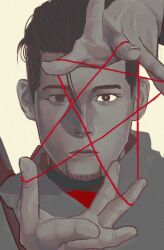  1boy black_eyes black_hair bright_pupils facial_hair golden_kamuy hair_slicked_back hands_up highres long_sleeves looking_at_viewer male_focus ogata_hyakunosuke scar scar_on_cheek scar_on_face short_hair solo star_shape straight-on stubble symbolism tagme undercut upper_body zizonsniper 