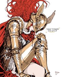  1girl arm_support armor cape elden_ring feet_out_of_frame floating_hair from_side gold_armor hand_on_own_knee head_down helmet highres inktober knee_up long_hair looking_down malenia_blade_of_miquella prosthesis prosthetic_arm prosthetic_leg red_cape shelovesbali simple_background sitting solo white_background winged_helmet 