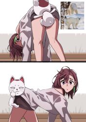  2girls absurdres all_fours arm_support ayase_momo bare_legs bare_shoulders bent_over black_skirt brown_eyes brown_hair carrying cat commentary crossed_bangs dandadan earrings feet_out_of_frame from_behind from_side hair_behind_ear hair_between_eyes highres jewelry kneepits long_sleeves looking_at_viewer looking_to_the_side maneki-neko middle_finger miniskirt mounting multiple_girls naru_(7ventysix) on_person photo_inset reference_inset shirt short_hair skirt turbo_granny_(dandadan) white_shirt 