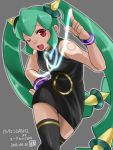  1girl bangle bare_shoulders bracelet dark_skin green_hair hand_on_hip heart jewelry mineyoshikawa open_mouth red_eyes rockman rockman_dash solo tattoo thighhighs twintails wink yuna_(rockman_dash) 