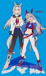  2girls ahoge animal_ears belt betti_(xx_betti) black_leggings black_pantyhose blue_eyes blue_hairband blue_jacket blue_sailor_collar blue_skirt blue_sports_bra blush boots brooch closed_mouth crop_top ear_covers ear_ornament fingerless_gloves gloves grey_hair grey_tail hair_between_eyes hair_ornament hairband headband highres horse_ears horse_girl horse_tail jacket jewelry leggings lightning_bolt_print lightning_bolt_symbol long_hair long_sleeves looking_at_viewer midriff multicolored_hair multiple_girls navel neckerchief oguri_cap_(starlight_beat)_(umamusume) oguri_cap_(umamusume) open_mouth pants pantyhose pleated_skirt red_belt red_headband red_neckerchief sailor_collar shirt shoes skirt smile sports_bra star_brooch striped_clothes striped_hairband tail tamamo_cross_(umamusume) tamamo_cross_(with_lightning_speed)_(umamusume) umamusume umamusume:_cinderella_gray very_long_hair white_boots white_gloves white_jacket white_pants white_shirt 