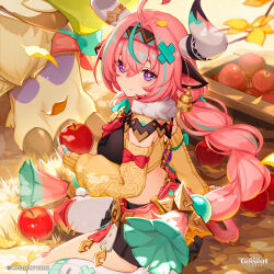  1girl absurdres animal_ears apple aqua_hair aqua_streaks bandaid_on_horn bell bell_earrings braid bright_pupils cow_ears cow_girl cow_horns cow_tail cowbell ear_bell earrings food fruit genshin_impact hairband highres holding holding_food holding_fruit horns jewelry leg_warmers low_twin_braids midriff multicolored_hair multicolored_hairband pink_hair pink_tail tail twin_braids two-tone_hair varesa_(genshin_impact) violet_eyes white_horns white_leg_warmers white_pupils yellow_sleeves 