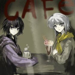  2others adapted_costume androgynous arm_on_table arms_on_table ascot black_hair black_shirt booth_seating brown_background brown_sweater cafe chinese_commentary cinnamon_stick closed_mouth collared_shirt commentary_request cup detached_hood english_commentary expressionless food glass grey_eyes grey_hair hair_between_eyes high_collar highres hood hood_down hooded_jacket houlen_yabusame ice_cream indoors jacket len'en light_frown long_sleeves looking_at_viewer mixed-language_commentary mug multiple_others open_clothes open_jacket open_mouth other_focus purple_jacket scarf shirt shitodo_kuroji short_hair sidelocks sitting steam sundae sweater upper_body violet_eyes window yancao_(pixiv_103434280) yellow_ascot yellow_scarf 
