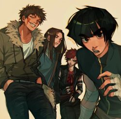  4boys artist_name bandaged_arm bandaged_hand bandages black_gloves black_nails black_pantyhose blue_sweater blunt_bangs bowl_cut brown_hair face_piercing facial_mark fingerless_gloves fur-trimmed_jacket fur_trim gaara_(naruto) gloves grey_eyes grey_jacket grin hands_in_pockets highres hyuuga_neji inuzuka_kiba jacket long_hair male_focus multiple_boys naruto_(series) no_eyebrows open_mouth pantyhose parted_bangs piercing red_hair red_shirt rock_lee scar scar_on_face scar_on_forehead shirt short_hair smile sweater teeth thick_eyebrows virtuno white_shirt 