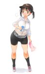  1girl akaume bike_shorts black_bike_shorts black_eyes black_hair black_legwear breath can highres open_mouth original see-through shoes short_twintails sneakers socks solo towel twintails wet wet_clothes white_background 