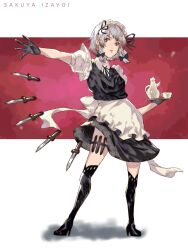  1girl apron back_bow black_boots black_bow black_gloves black_ribbon black_skirt black_thighhighs black_vest boots bow braid character_name collared_shirt commentary_request cup floating floating_object floating_weapon frilled_apron frills full_body gloves grey_hair hair_bow high_heels highres holding holding_tray izayoi_sakuya knife knife_sheath looking_at_viewer maid maid_headdress multiple_weapons neck_ribbon oftooon outstretched_arm partial_commentary print_skirt puffy_short_sleeves puffy_sleeves red_background red_eyes ribbon shadow sheath shirt short_hair short_sleeves sideways_glance simple_background skirt solo standing teacup teapot thigh-highs thigh_strap throwing_knife touhou tray twin_braids vest waist_apron weapon weapon_formation weapon_in_garters white_apron white_bow white_shirt 