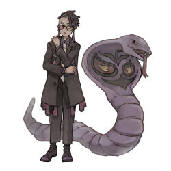  absurdres arbok black-framed_eyewear black_jacket closed_mouth cobra_(animal) corbeau_(pokemon) dress_pants eyewear_strap forked_tongue glasses hand_on_own_shoulder head_tilt highres ichi_kawa_ichi jacket long_sleeves looking_to_the_side male_focus necktie parted_hair pokemon pokemon_(creature) pokemon_legends:_z-a round_eyewear short_hair snake solo standing tongue undercut white_background white_necktie 