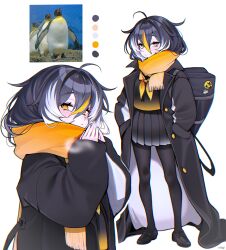  1girl absurdres ahoge bag bird black_hair black_pantyhose black_shirt black_shoes black_skirt blonde_hair closed_mouth enpera hair_between_eyes hands_in_pockets haze_(7h4ze) highres long_sleeves looking_at_viewer multicolored_hair multiple_views neckerchief original oversized_jacket pantyhose penguin penguin_girl photo_inset pleated_skirt sailor scarf school_bag shirt shoes short_hair simple_background skirt sleeves_past_wrists steepled_fingers streaked_hair white_background white_hair yellow_neckerchief yellow_scarf 