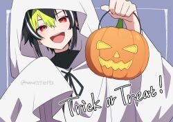  1boy black_hair black_shirt border commentary_request english_text ghost_costume green_hair grey_background halloween_bucket holding holding_pumpkin inami_rai looking_at_viewer male_focus multicolored_hair nana72710193 nijisanji open_mouth pumpkin red_eyes shirt simple_background smile solo streaked_hair teeth trick_or_treat twitter_username upper_teeth_only virtual_youtuber 