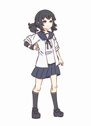  1girl black_eyes black_hair black_shoes black_socks blue_neckerchief blue_sailor_collar blue_skirt commentary_request crossed_bangs fubuki_(kancolle) full_body hair_tie highres jacket kantai_collection kneehighs loafers long_hair looking_ahead neckerchief one-hour_drawing_challenge open_clothes open_jacket pleated_skirt ponytail sailor_collar shirt shoes short_ponytail sidelocks simple_background skirt smile socks solo standing watanukimurama white_background white_jacket white_shirt 