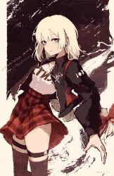  1girl absurdres black_jacket black_thighhighs blonde_hair blue_eyes commentary commission ear_piercing english_commentary highres jacket jewelry long_hair long_sleeves necklace open_clothes open_jacket original piercing plaid_clothes plaid_skirt red_skirt rnna skirt solo thigh-highs thigh_strap yume_(shuii) 